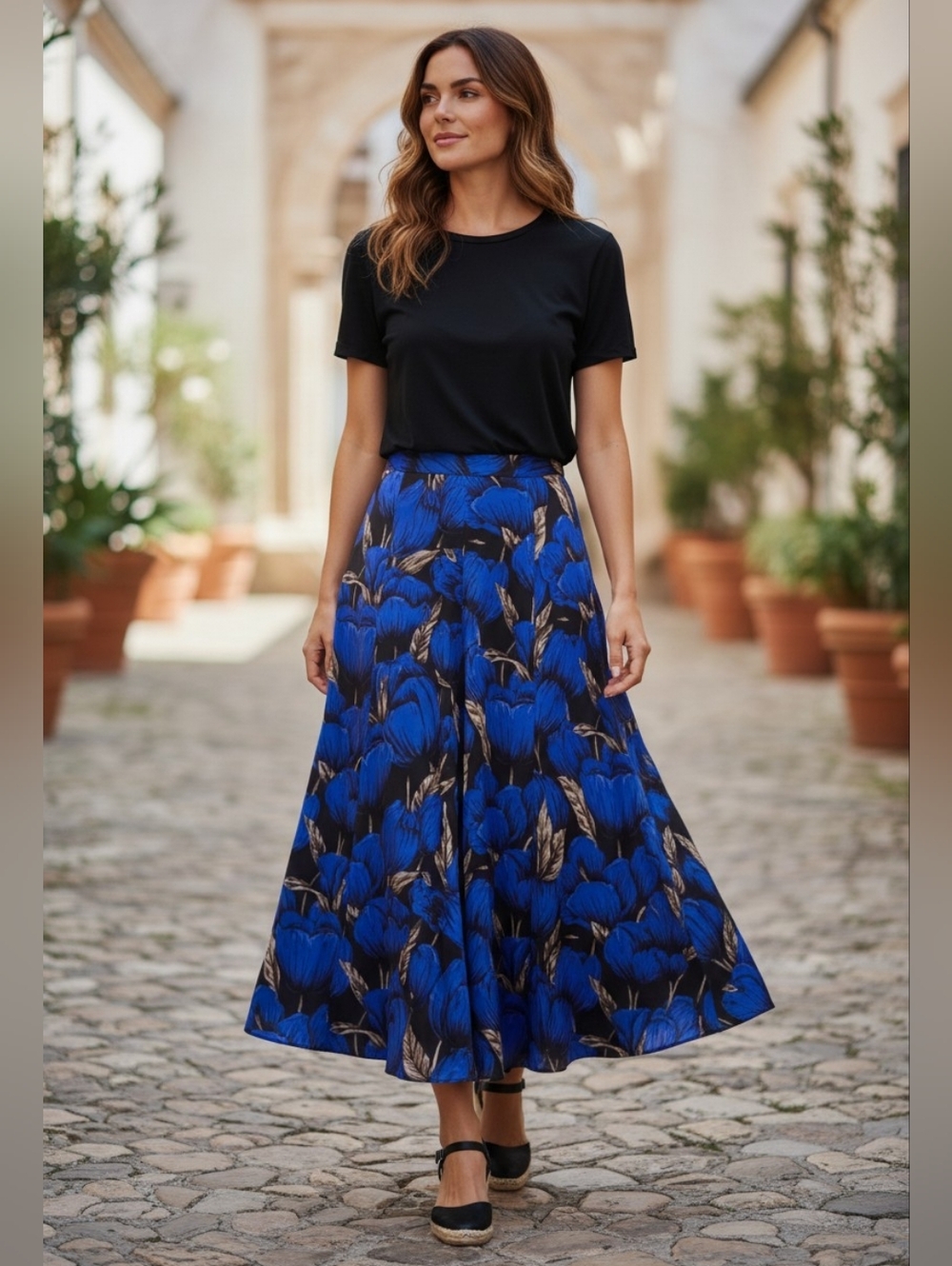 Bianca Women's 100% Silk Maxi Skirt Blue Black Floral Pockets Size 10